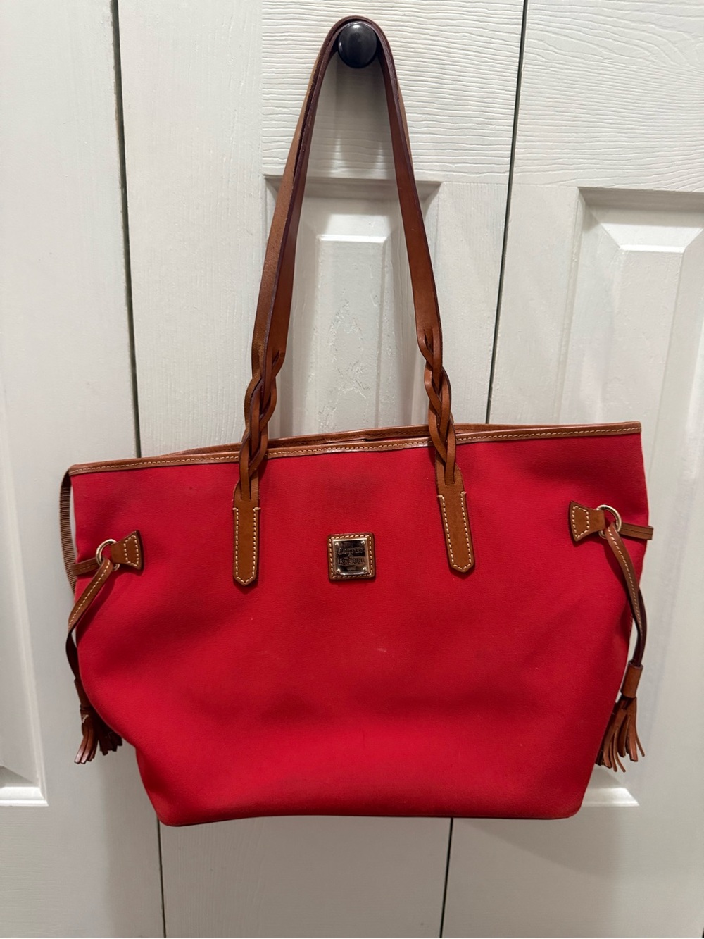 Dooney & Bourke Red Canvas Tote Bag with Tan Trim - Picture 1 of 6